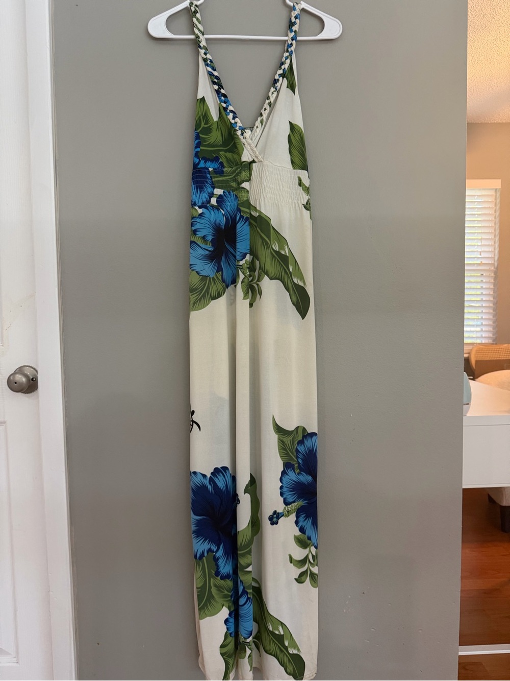 Cream Maxi Dress with Blue Floral Print